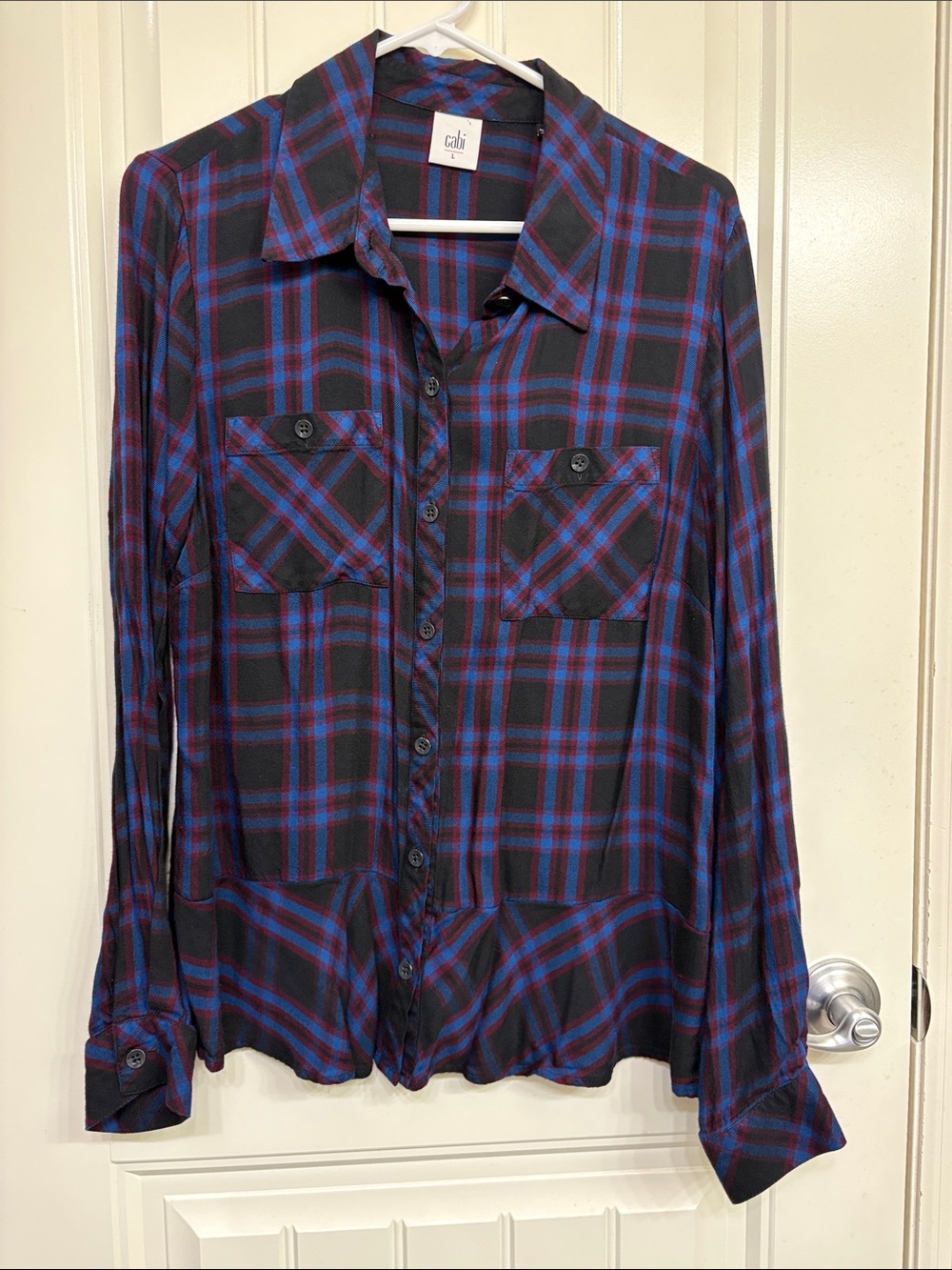 CAbi Black Plaid Button-Down Shirt with Blue Accents Ruffle Hem Waist